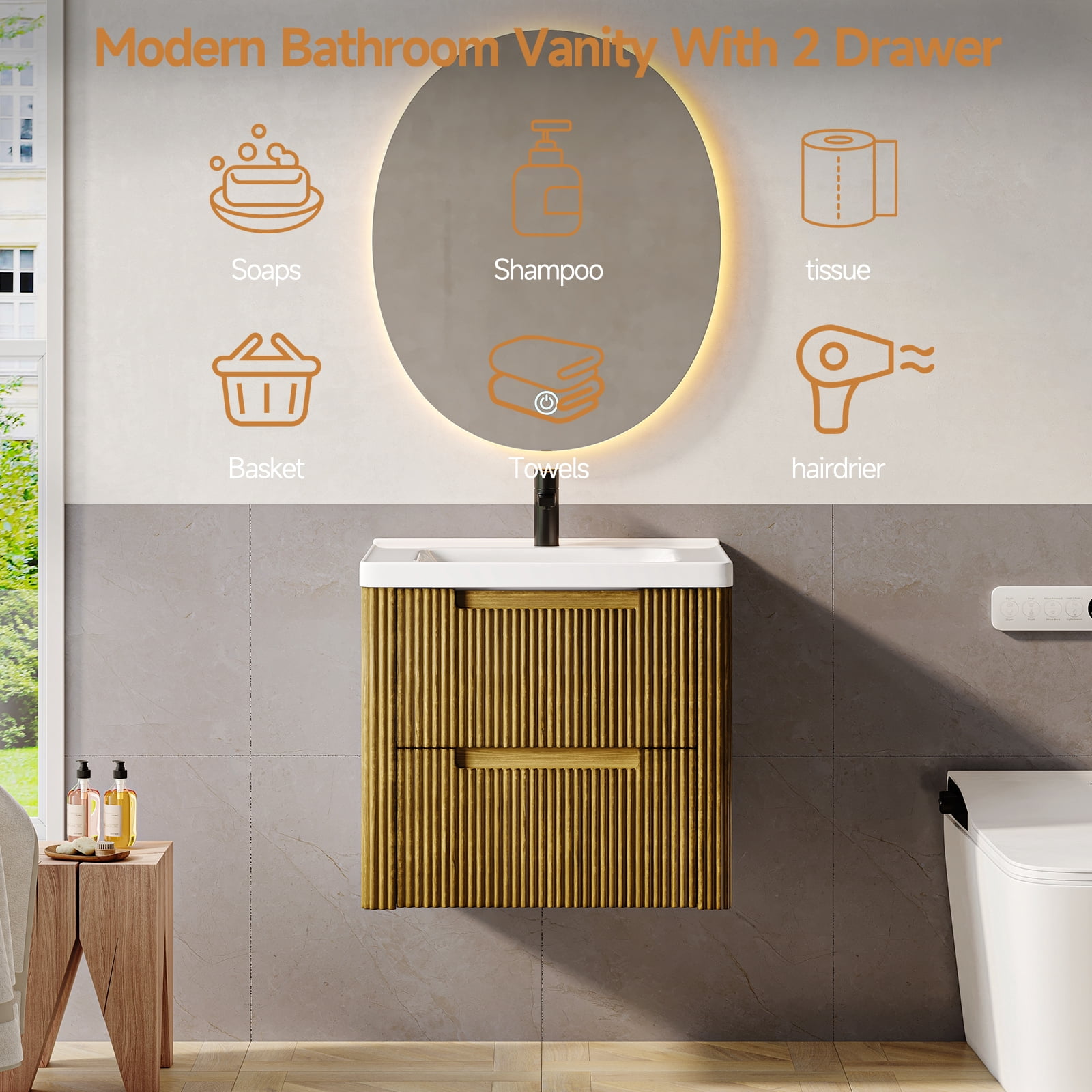 ROGALIS 24" Modern Bathroom Vanity, 2-Drawer, glossy resin Sink, Fluted Design, Drak Gold