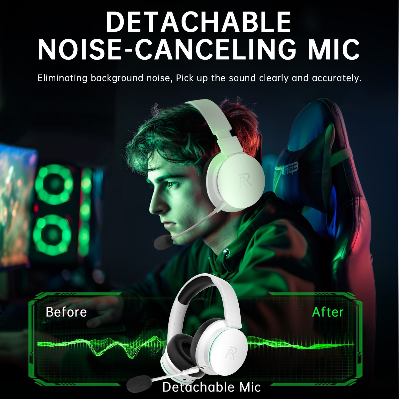 FONHAID 2.4GHz Wireless Gaming Headset for Xbox, PS5, Switch, Bluetooth Gaming Headphones with Detachable Noise Canceling Mic, 45H Battery, White