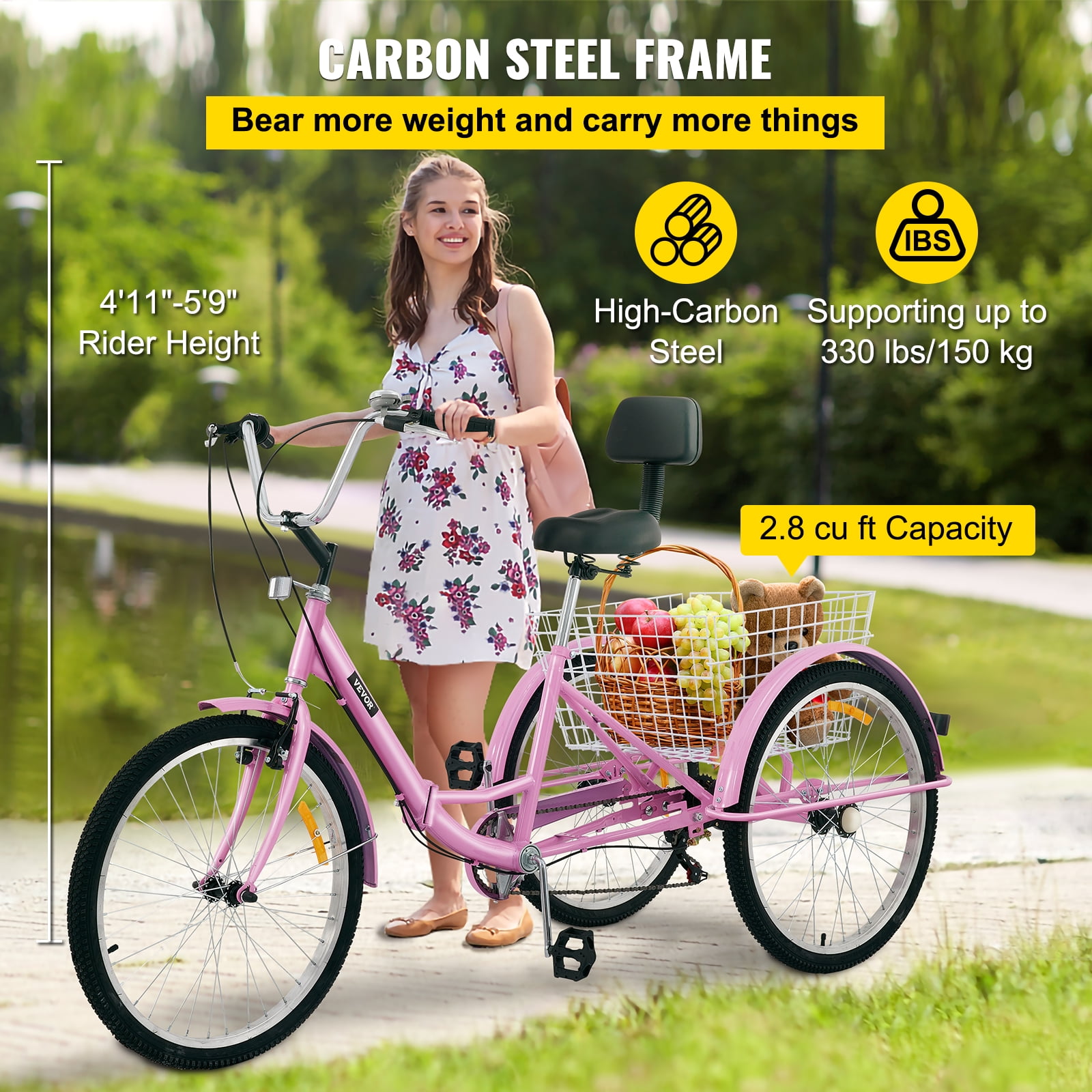 BENTISM Adult 24" 7 Speed Adjustable Seat Tricycle with Rear Basket, Pink