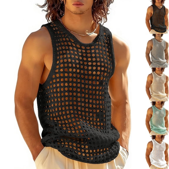 Men's Sleeveless Mesh Tank Top Hollow Out Fishnet Rave See Through Crochet Muscle Shirt Summer Beach Vacation Breathable Fitness Training Hipster Streetwear Top