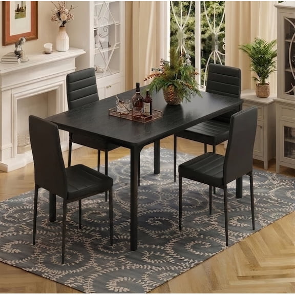 Asofer Dining Table Set for 4 with PU Chairs, Kitchen Table and Chairs for Dining Room Breakfast Nook, Black