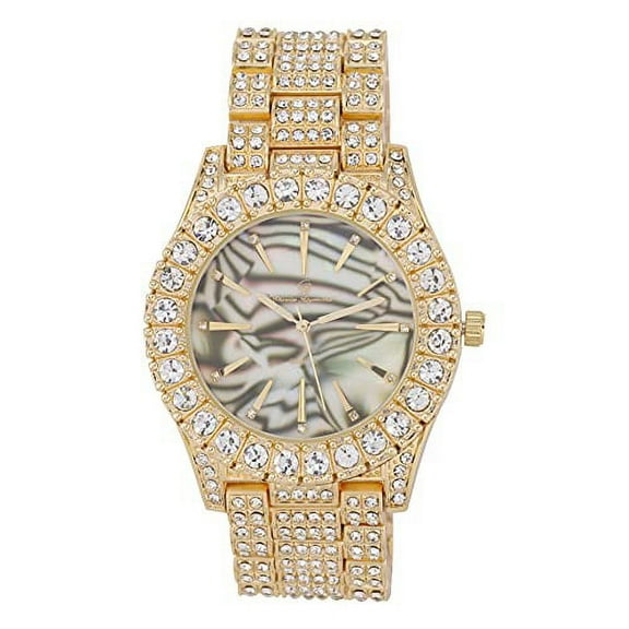 Charles Raymond Mens Blinged Out Gold Big Rocks Timepiece w/Minimilist Index Time Indicators Overlayed on Beautiful Colorful Mother of Pearl Hip Hop Iced Out Dials - ST10327MO (Safari Abalone MOP)