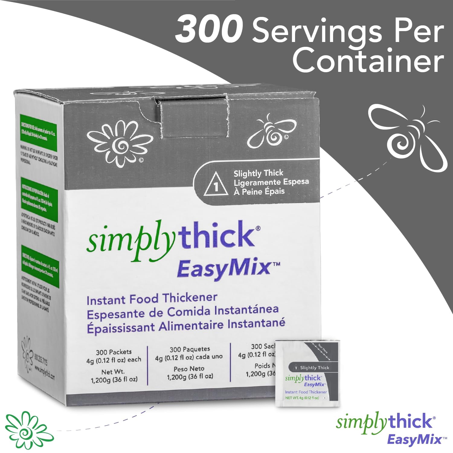 SimplyThick EasyMix | 300 Count of 4g Individual Packets | Gel Thickener for those with Dysphagia & Swallowing Disorders | Creates An IDDSI Level 1 - Slightly Thick Consistency