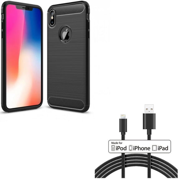Carbon Fiber Case w 6ft MFi USB Cable for iPhone XS Max - Slim Fit Cover Reinforced Bumper Shock Absorbent Black and Certified Charger Cord Power Wire Braided