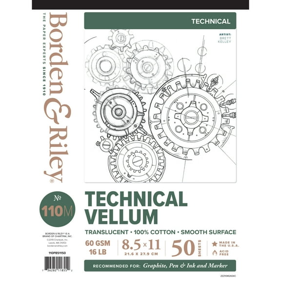 Borden & Riley #110M Technical Vellum Pad, 50 Sheets, 8.5" x 11"