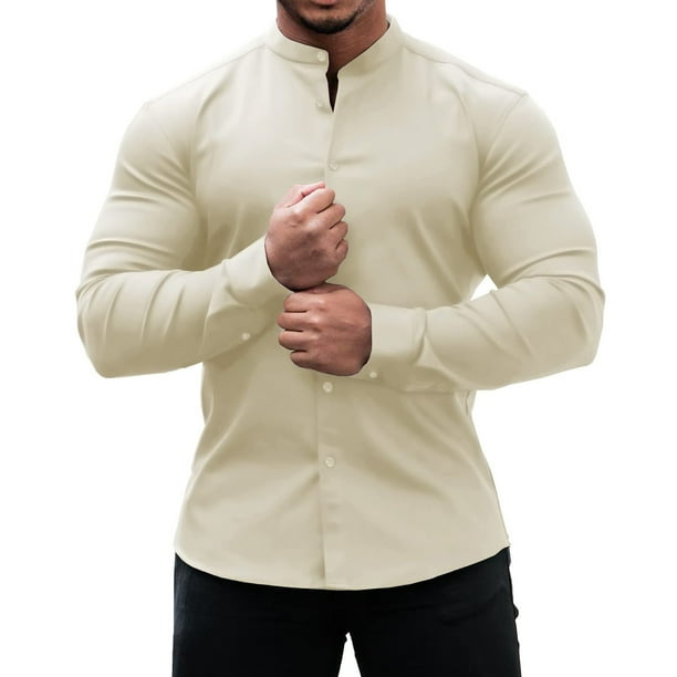 Camisas Para Hombre Camisas de vestir para hombre Slim Fit Stretch Banded Long & Short Sleeve Casual Button Down Shirt (Beige, S)