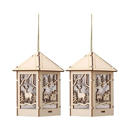 

NUOLUX 2pcs Christmas House Shape LED Light Lamp Wooden House Pendant Haning Ornaments for Home (Khaki)