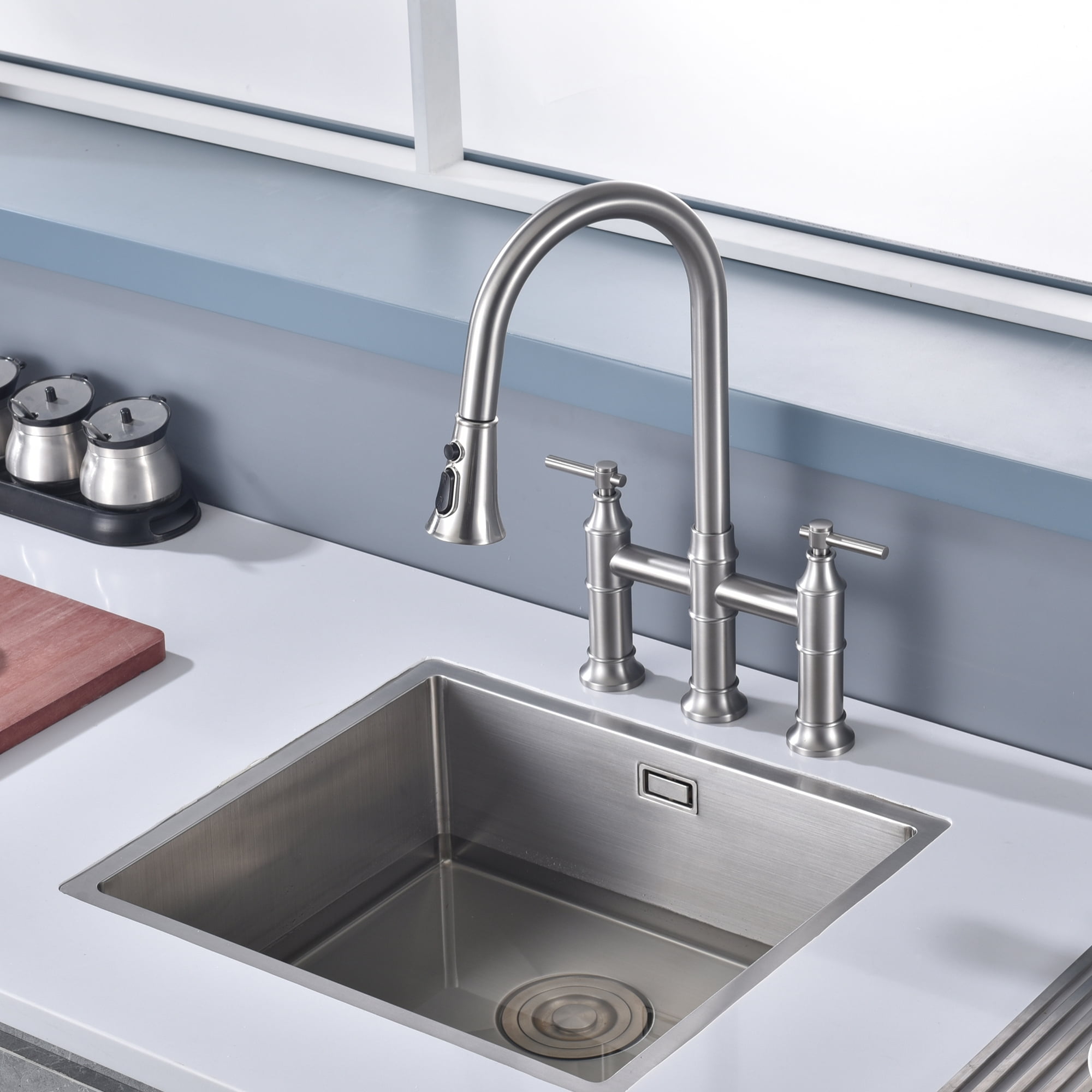 SUMERAIN 2-Handle Bridge Kitchen Faucet with Pull Down Sprayer, 3 Hole Kitchen Sink Faucet Stainless Steel, Brushed Nickel