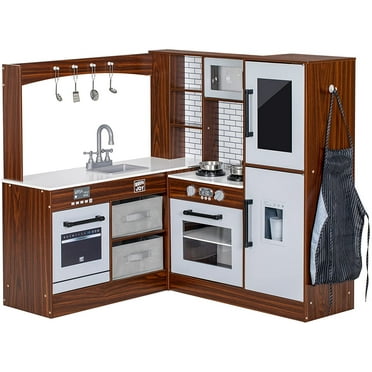 BRINJOY Corner Play Kitchen for Kids, Wooden Toddler Kitchen Playset w/ Faucet, Sink, Microwave, Oven, Apron, Blackboard, Storage Cabinets, Pretend Cooking Toys w/ Sound & Light Gift for Ages 3 