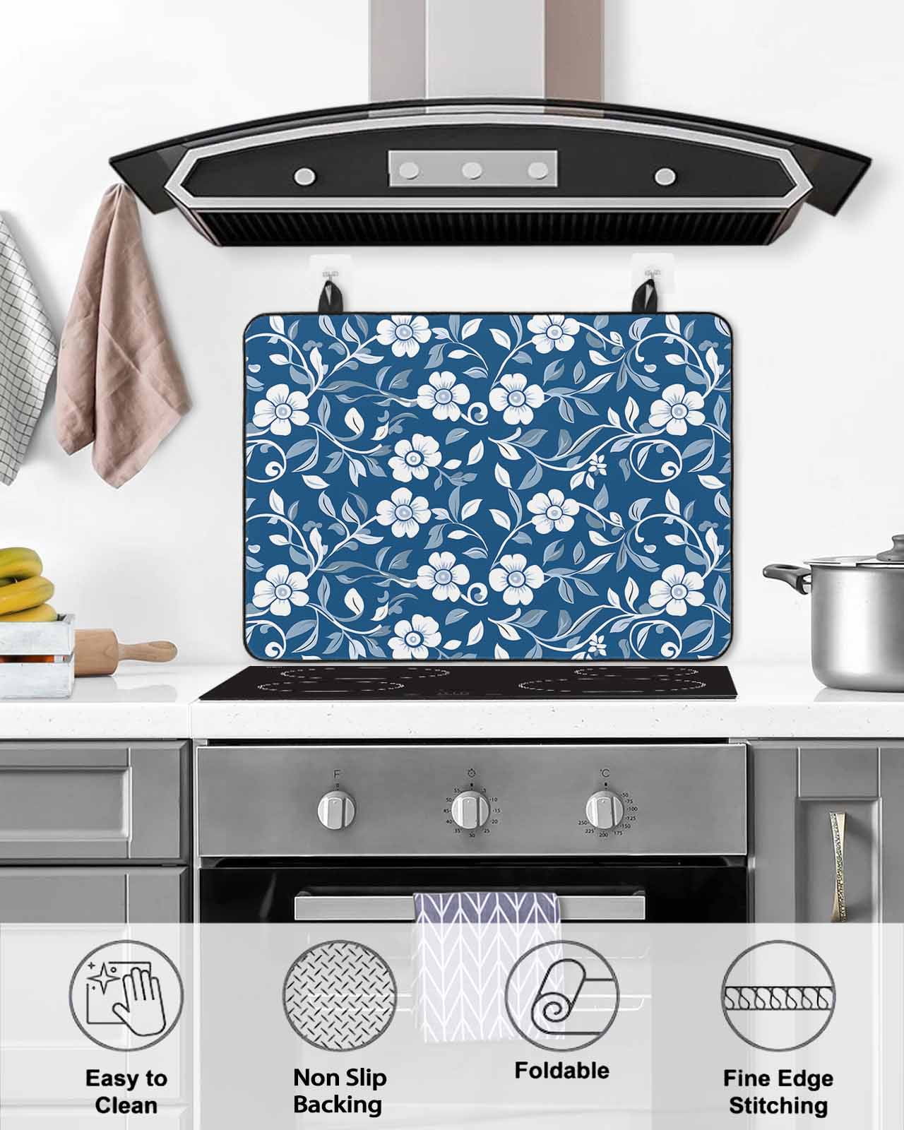 nqOlkjepod Large Induction Cooktop Protector Mat 36"x21", Blue White Floral Stove Top Covers for Electric Stove, Farmhouse Retro Botanical Leaves Stove Burner Cover Mats, Glass Top Stove Cover