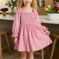 thumbnail image 3 of LYHaoo Long Sleeve Square Neck Ruffle Tiered Smocked Dress With Floral Print And Embroidered Lettering For Girls Elegant Casual Party Wear，Girls Basic Dresses Sizes 6-7 Years Pink, 3 of 7