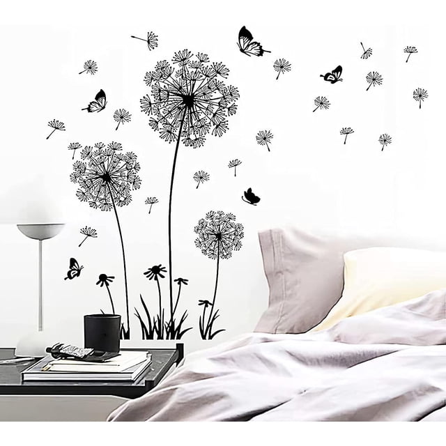 Adhesivos de pared para dormitorio, sala de estar, grandes flores de diente de león, pegatinas de pared y murales, 1 juego, decoración de pared grande negra con mariposas