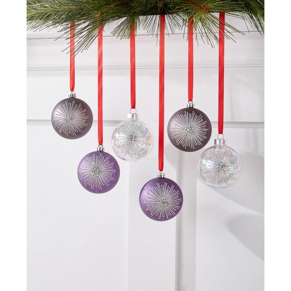Holiday Lane Royal Holiday Set of 6 Shatterproof Gray, Purple & Clear Ball Ornament