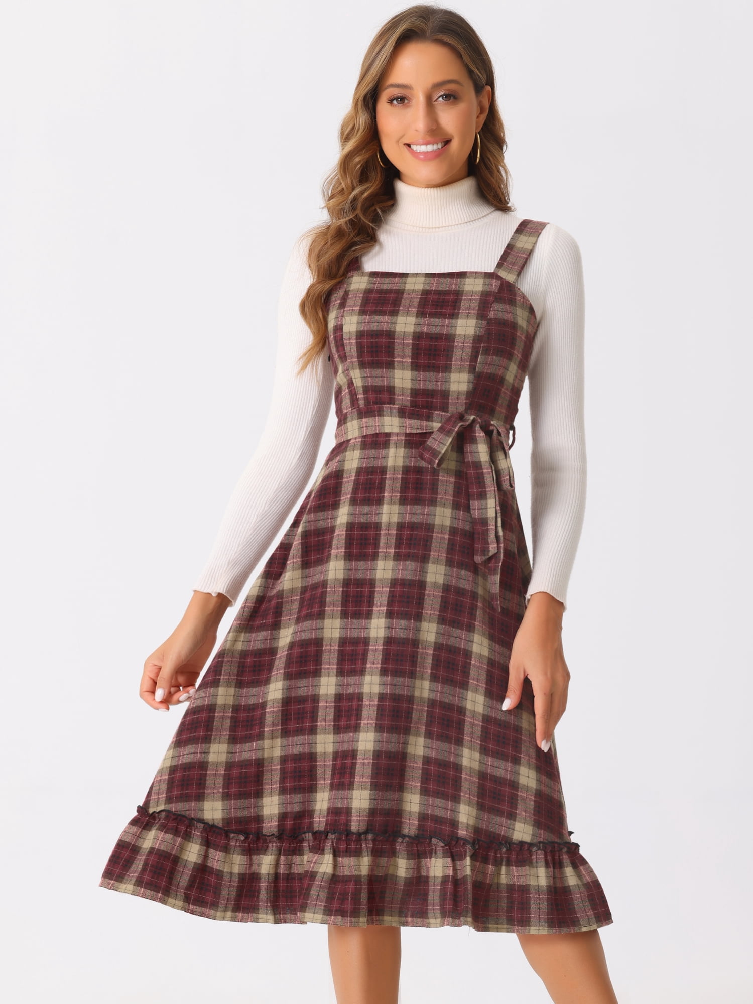 DARING DIVA Women's Ruffled Sleeveless Tie Waist A Line Plaid Dress M Red Black
