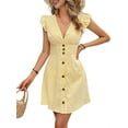 thumbnail image 3 of Women'S Striped Summer Dresses V Neck Casual Mini Dress Flutter Sleeve Ruffle Button Sundresses Yellow L, 3 of 8