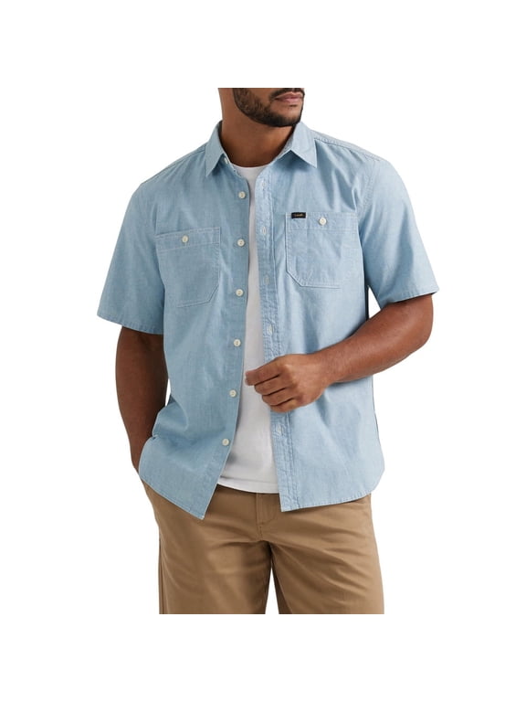 Men's Short-Sleeve Extreme Motion Button-Front Work Shirt (Light Wash, Medium, M)