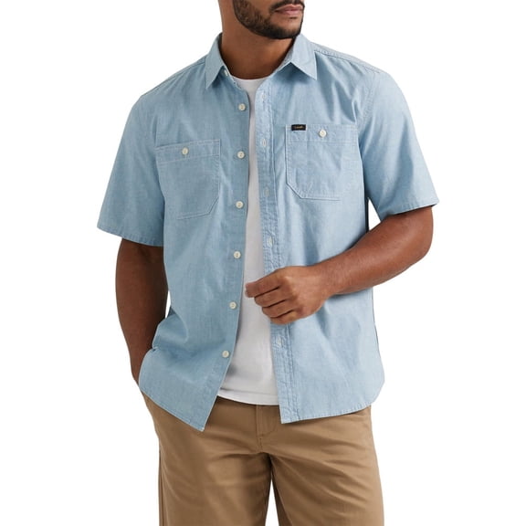 Lee Men's Short-Sleeve Extreme Motion Button-Front Work Shirt (Light Wash, Medium, M)