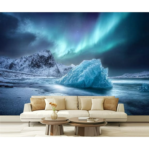 Peel and Stick Wallpaper Borealis Lofoten islands Norway Nothen light mountains frozen ocean Modern Art Wall Mural Decor Self Adhesive and Removable 69in x 98in