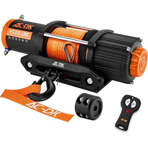AC-DK 12V 4500 lb Electric Winch for ATV/UTV with Synthetic Rope, Big Yellow Wired Remote and Mounting Plate – ideal for Off-Road, Trailer, Boat and RV Towing.