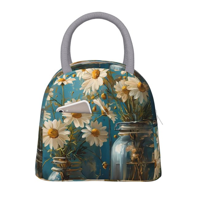 Balery Delicate White Daisy Jars Bolsa de Almuerzo para Mujeres, Caja de Almuerzo, Bolsa de Almuerzo Pequeña Impermeable, Tote de Almuerzo Reutilizable con Gran Capacidad