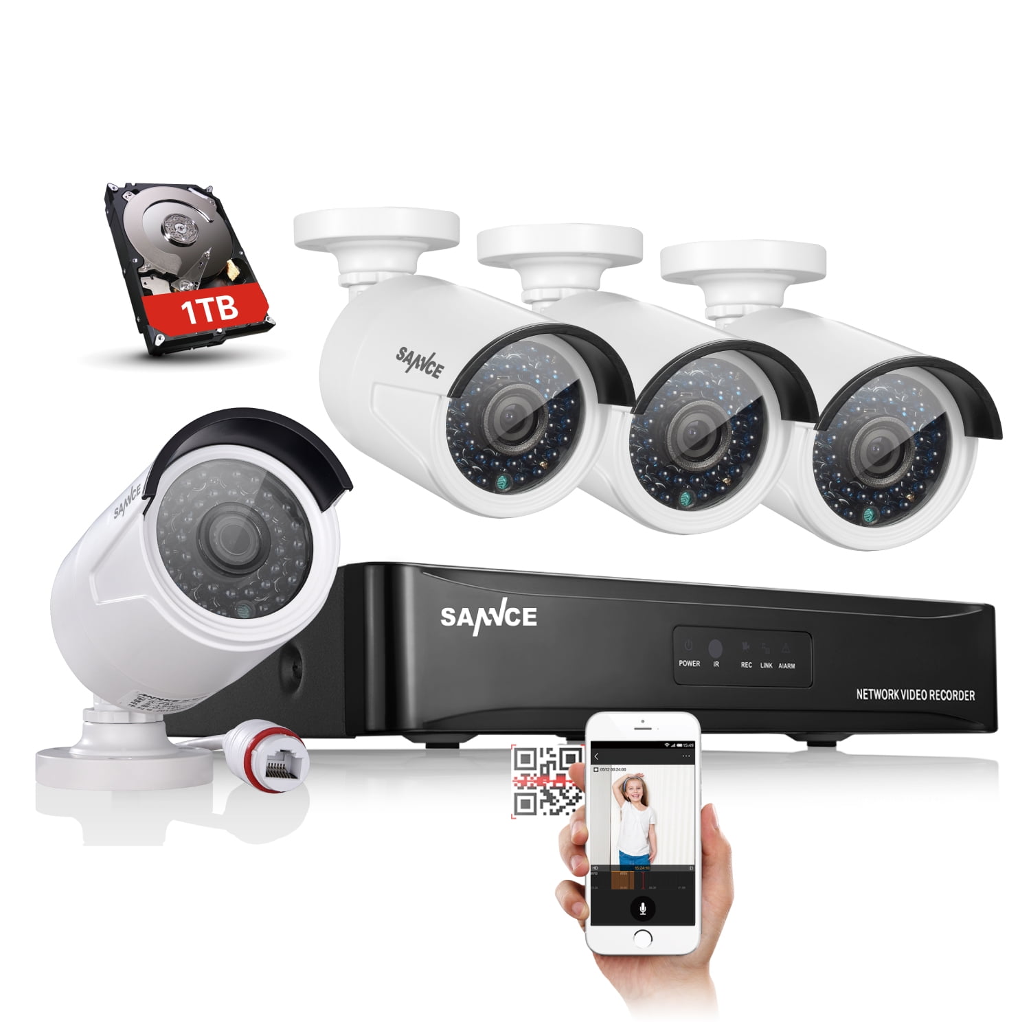 SANNCE 4 Channel 1080P POE NVR Security Camera System and (4) 2.0 MP ...