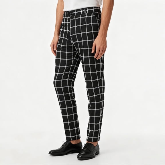 DPTALR Men's Plaid Tapered Suit Pants Wrinkle-Resistant & Stretch,Versatile for Business & Daily Wear,Black,Size XXXL