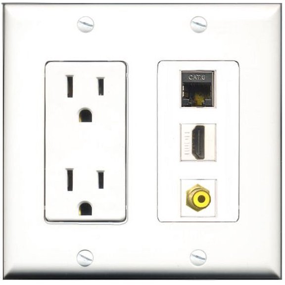 RiteAV - 15 Amp Power Outlet 1 Port HDMI 1 Port RCA Yellow 1 Port Shielded Cat6 Ethernet Ethernet Decorative Wall Plate