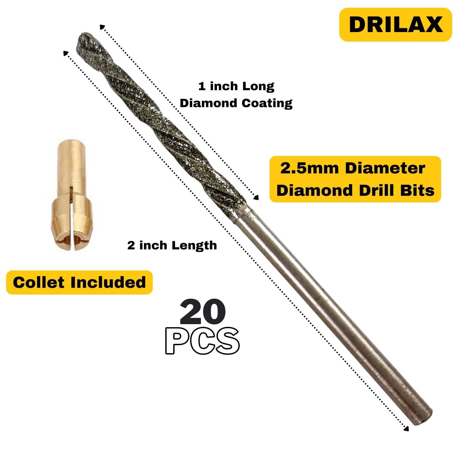Diamond Drill Bit 2.5mm 20 Pieces Set Twist Tip Glass Drilling Making Jewelry Necklace Earrings Pendants Bracelets with Sea Shells Beach Rocks Ceramic Porcelain Gemstones