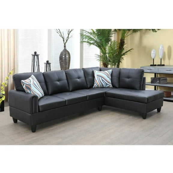 L Shape Sectional Sofa Couches Set, Modern Leather Corner Sofa Couch with Pillows for Living Room, Black