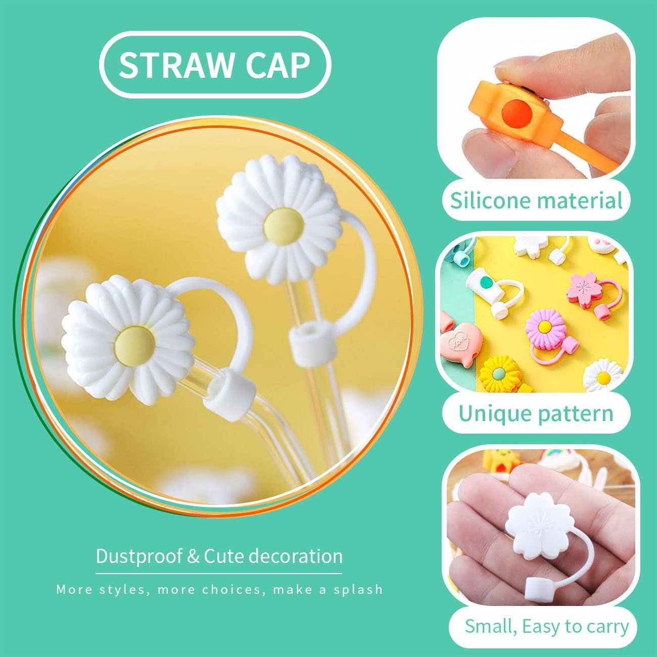 Cute Sunflower Cactus Silicone Straw Cover, Reusable Dustproof