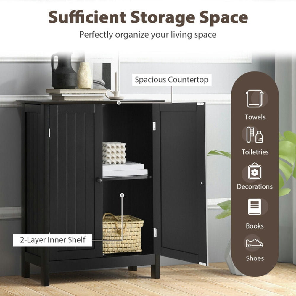 Finihen Storage Cabinet, Floor Cabinet, 2-Door Freee-Standing Bathroom Cabinet with Shelf, for Bathroom, Living Room, Bedroom, Kitchen, Black