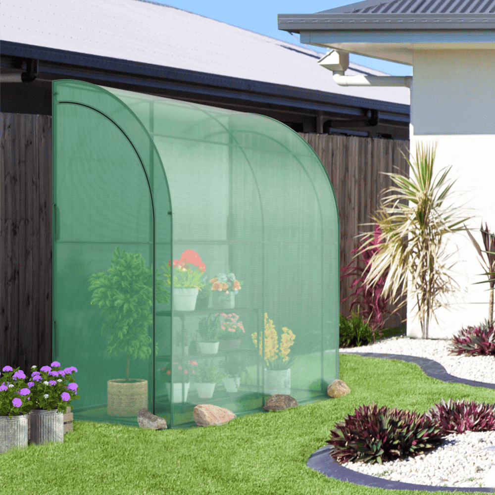 Spaco 7 x 3.5 x 7 Feet Lean-to Greenhouse with Flower Rack, Walk-in Wall Greenhouse for Outdoor as Backyard, Garden, Patio, Lawn, Green