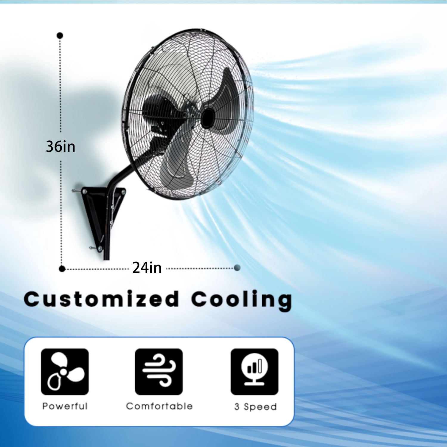 24in Wall Mount Fan, 3-Speed Industrial Wall Fan up to 8000CFM, 120°Oscillating High Airflow Cooling Fan for Garage,Home,Warehouse, Indoor/Outdoor Use, Black