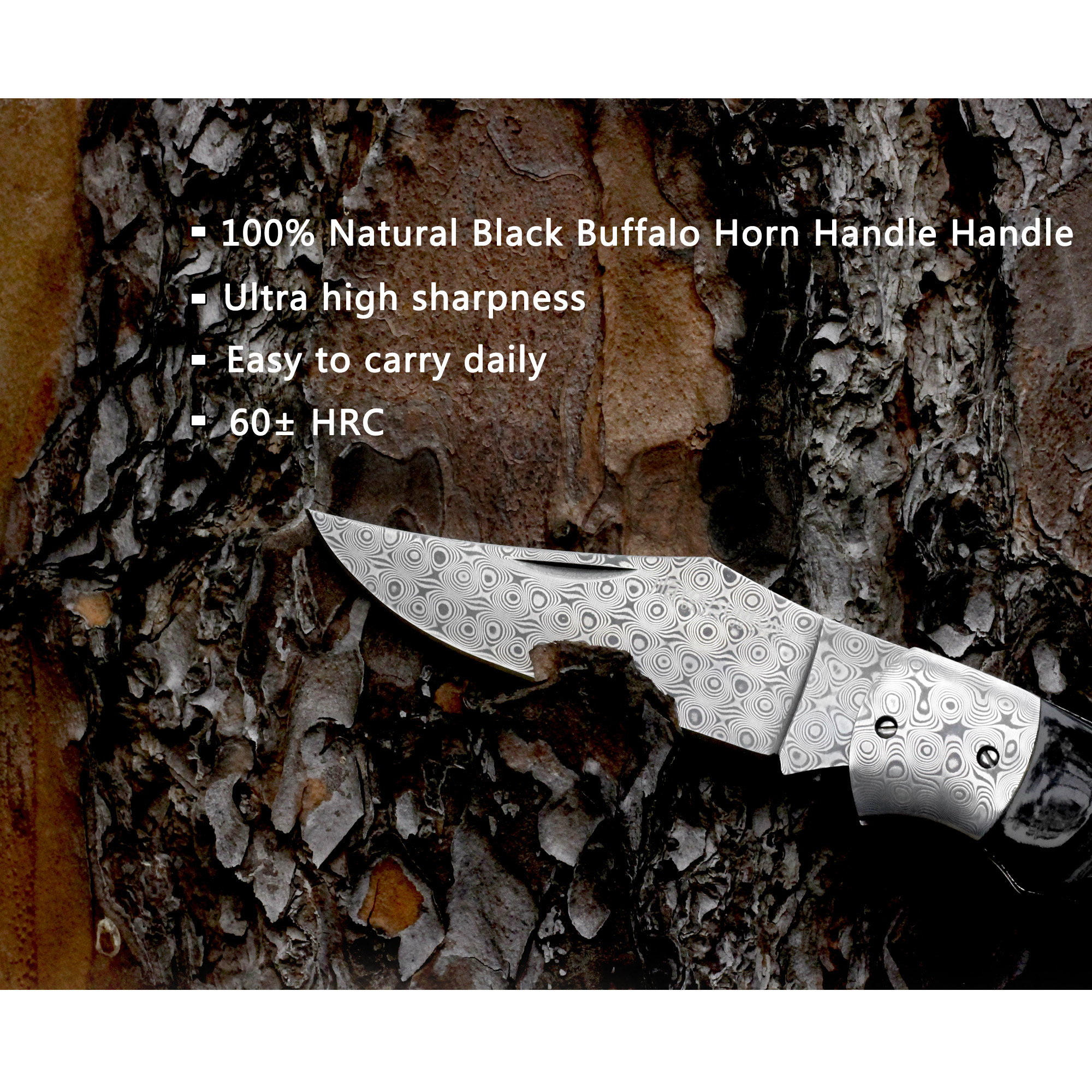 YOUSUNLONG Pocket Knife - Camping Knife Overall 205mm Damascus Steel Black Buffalo Horn Handle