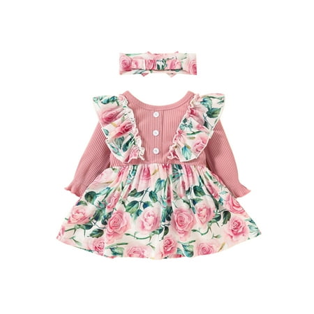 

Calsunbaby 2Pcs Baby Girls Flower Print Outfits Infant Ruffled Ribbed Long Sleeve Round Neck Dress Bowknot Headband Casual Set