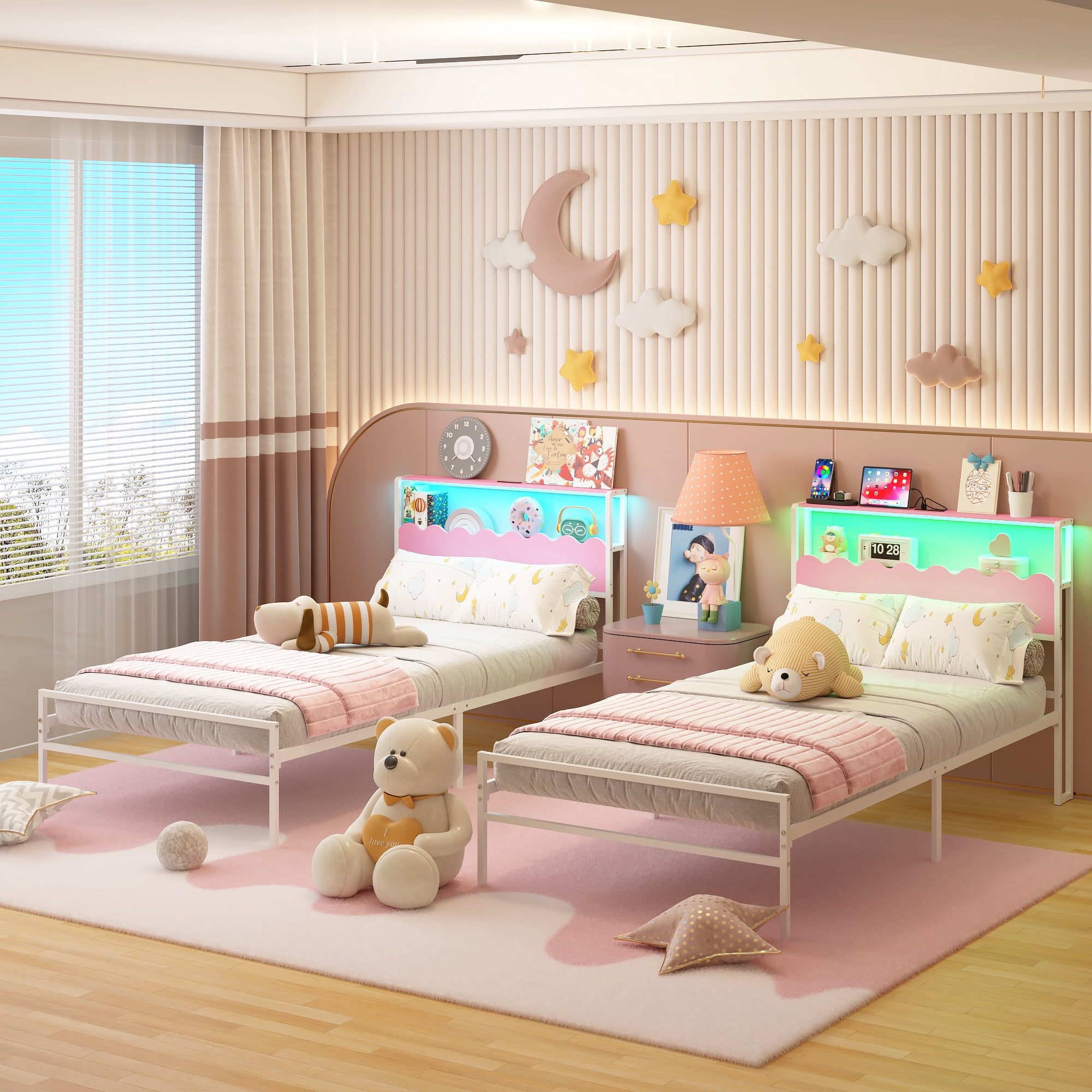 Yoneston Girl’s Twin Size Metal Platform Bed with Wave Shaped 2-Tier Storage Headboard, LED Light & Power Station for Kids, Teens, Pink & White