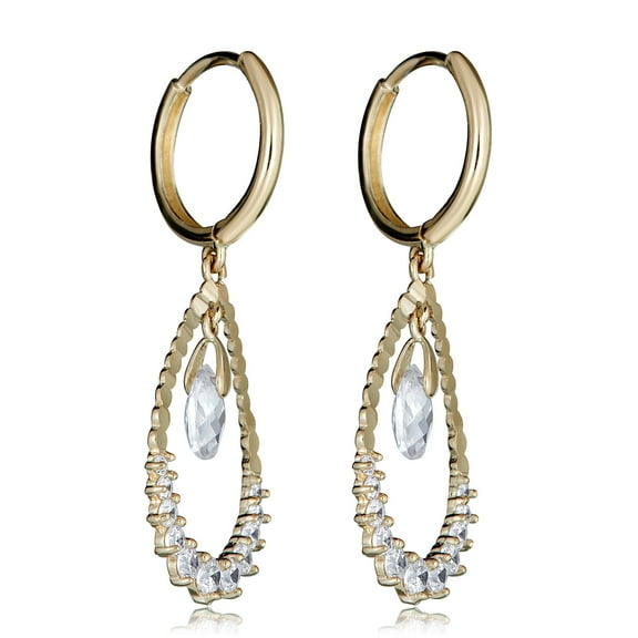 AVORA 14K Yellow Gold Dangling Simulated Diamond CZ Teardrop Huggie Hoop Earrings