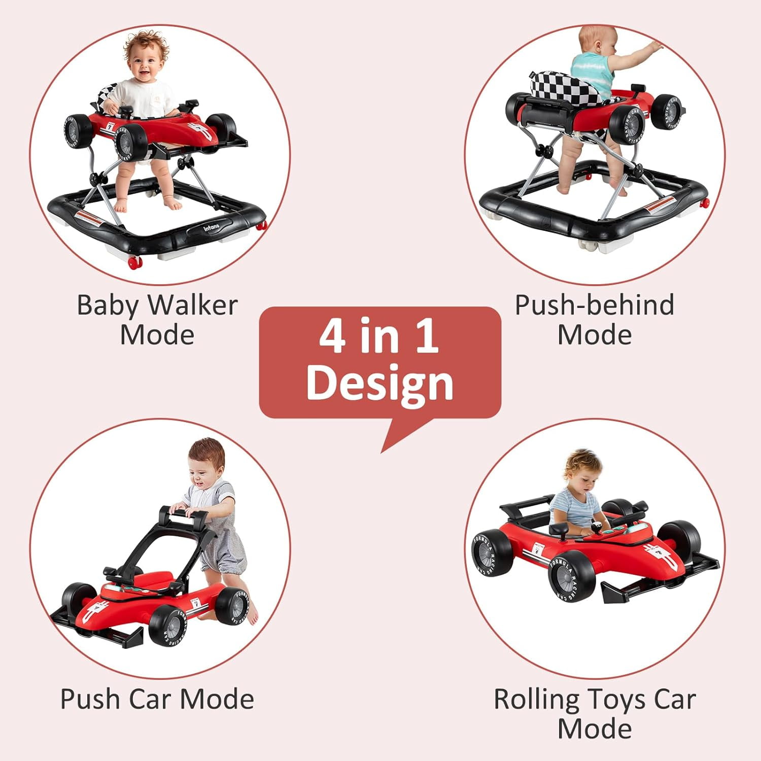 INFANS 4 in 1 Baby Walker, Foldable Toddler Activity Center with Adjustable Height, Padded Seat, Music, Light, Removable Toy Tray, Push Walker for Girls Boys Aged 6-18 Months