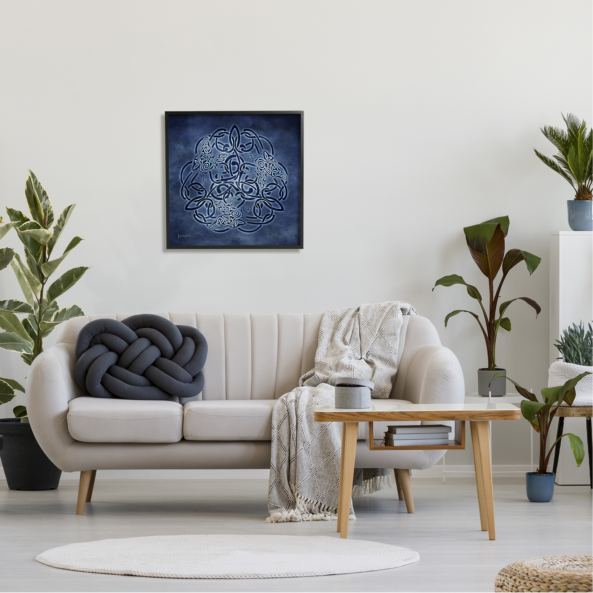 Stupell Industries Blue Celtic Raven Pattern Abstract Painting Black Framed Art Print Wall Art, 24 x 24