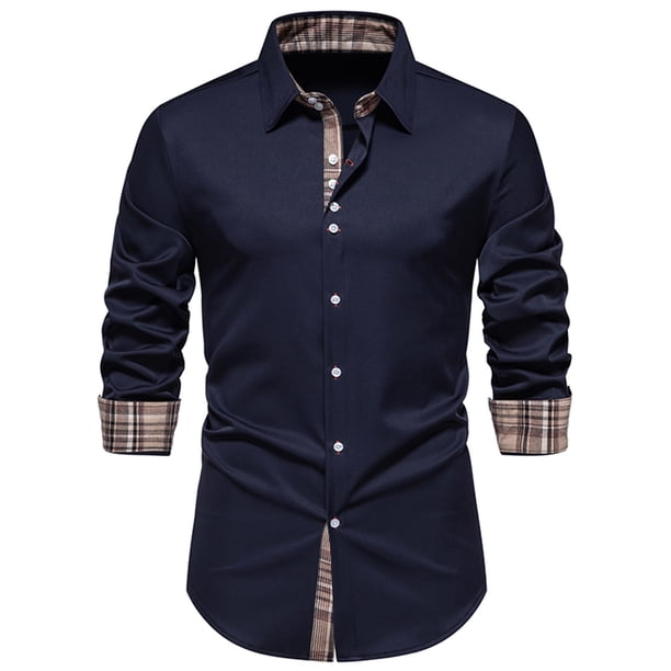 Blusa y camisa de manga larga con cuello vuelto para hombre, informal, con botones y retazos, de manga larga y cuello vuelto.