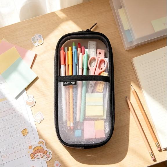 Large Capacity Mesh Pencil Case Bag, Double Layer Transparent Pen Pouch Organizer, Visible Stationery Storage for Office, Home, Travel, Daily, Gift Seasonal Use