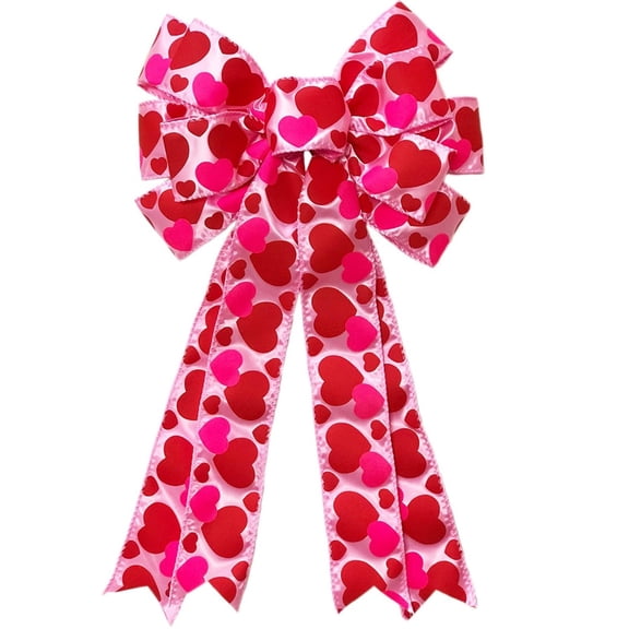 1 Pcs Heart Shaped Pattern Bow Ornaments,Pink Heart Printed Wreath Bow,Valentine's Day Tree Topper Bow,Large Gift Bow Decorations,for Birthday Wedding Mother's Day 19.6”x11.4”