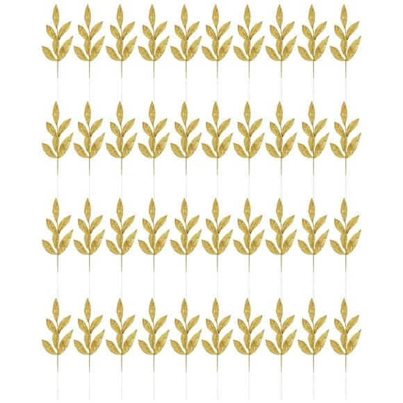 FUYPSE 2026 New Arrivals 40Pcs Gold Glitter Artificial Cedar Stems Christmas Leaf Sprays Bayleaf Glitter Stems for DIY Craft Christmas Garland Home Decor 13in