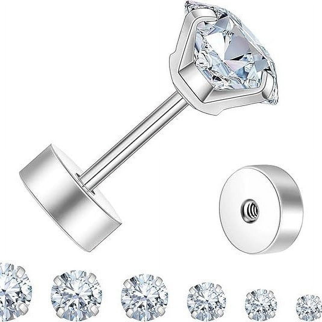 Nmkwnr 14 Pairs 316L Stainless Steel Stud Earrings Flat Back Earrings Round Cubic Zirconia Earrings Studs for Women, Silver