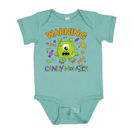 

Inktastic Warning Candy Monster with Candy and Cute Green Monster Gift Baby Boy or Baby Girl Bodysuit