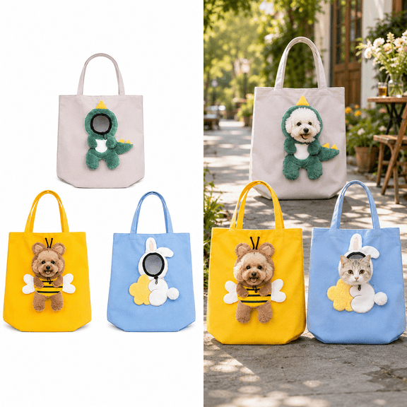 Pet Carrier Canvas Shoulder Tote Bag for Small Dogs and Cats, Cute Dinosaur Head Out Pet Carry Purse, Portable Canvas Carrier for Puppy and Cat Walking Shopping Travel, Green