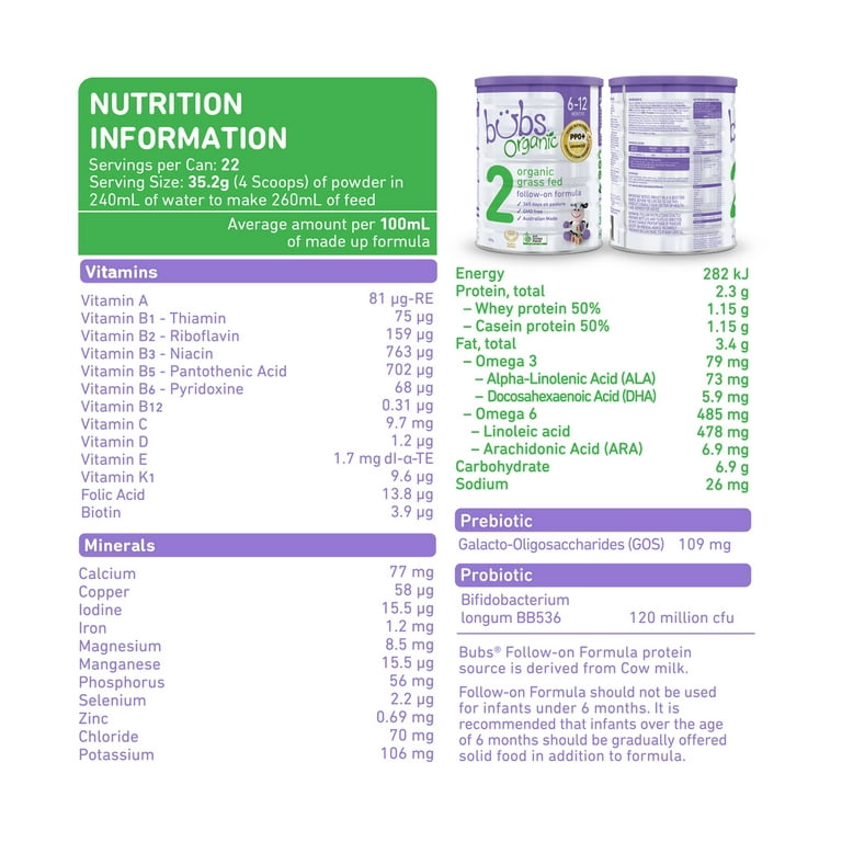 Bubs Organic® Grass Fed Follow-on Formula Stage 2, 800g (6 Bubs Organic® Grass Fed Follow-on Formula Stage 2, 800g (6