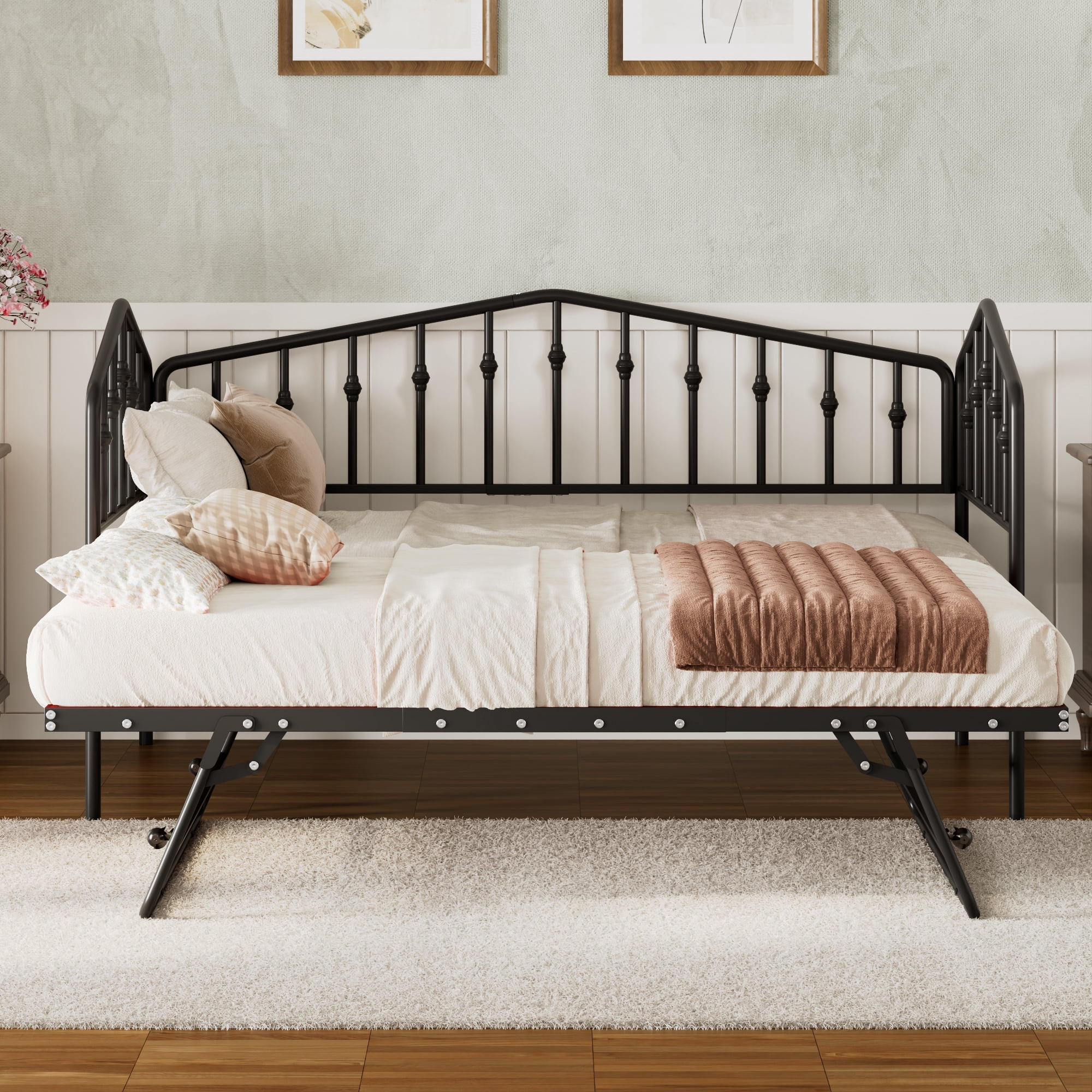 GARITIN Twin Size Metal Daybed with Adjustable Trundle, Portable Folding Trundle Bed Frame for Guest Room, Black