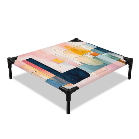 Abstract Color Block Elevated Dog Bed Pink Yelow Geometric Modern Style Cooling Breathable Outdoor Raised Dog Cot Bed with Metal Frame Non-Slip Feet for Small Dog 20x20in
