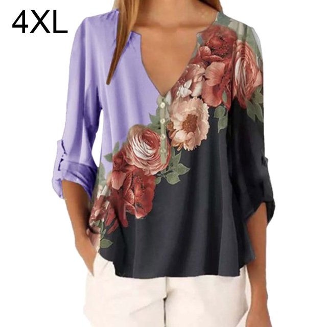 Blusa Camisa con cuello en V y estampado floral Blusa suelta de manga larga Top de mujer, Morado, 4XL Advancent AP002021-71